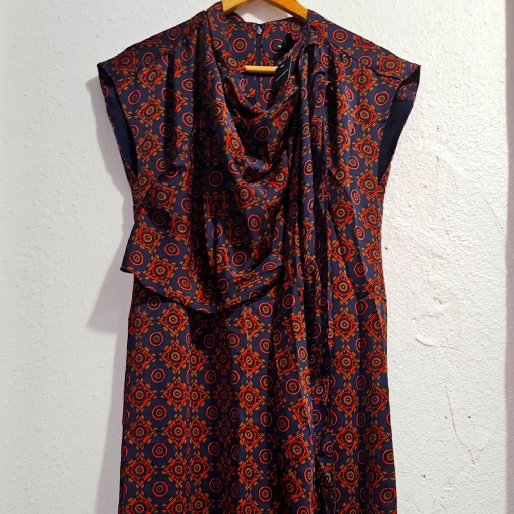 Club Monaco Designer Drape Neck Robe Dress Scarf Dress Blue Mix Slip S 4 NWT